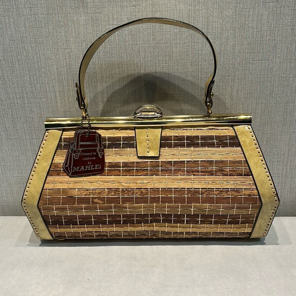 Vintage Mahler Rattan Handbag Wood Gold Hardware, 1960s